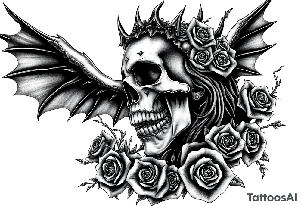 Powerful and evil day of the dead woman 
rising from the ashes of hell, surrounded by unclaimed souls and roses tattoo idea