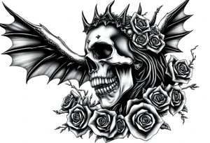 Powerful and evil day of the dead woman 
rising from the ashes of hell, surrounded by unclaimed souls and roses tattoo idea