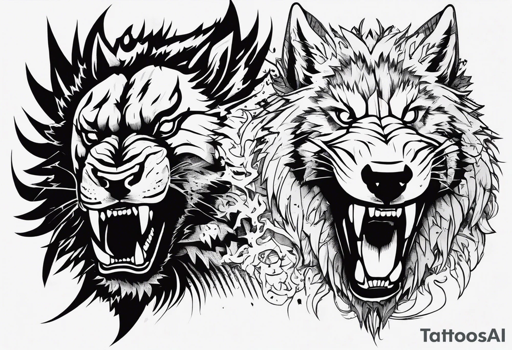 A tattoo designed for the knee, featuring the face of Kon (chainsaw man series) with wild, exaggerated features, such as sharp fangs, intense eyes, and a snarling expression. The design incorporates large areas of white space for contrast, with beams of light or energy radiating outward from the beast’s eyes in a chaotic and powerful pattern. The overall look should be bold and primal, with flowing lines that adapt naturally to the curvature of the knee. tattoo idea