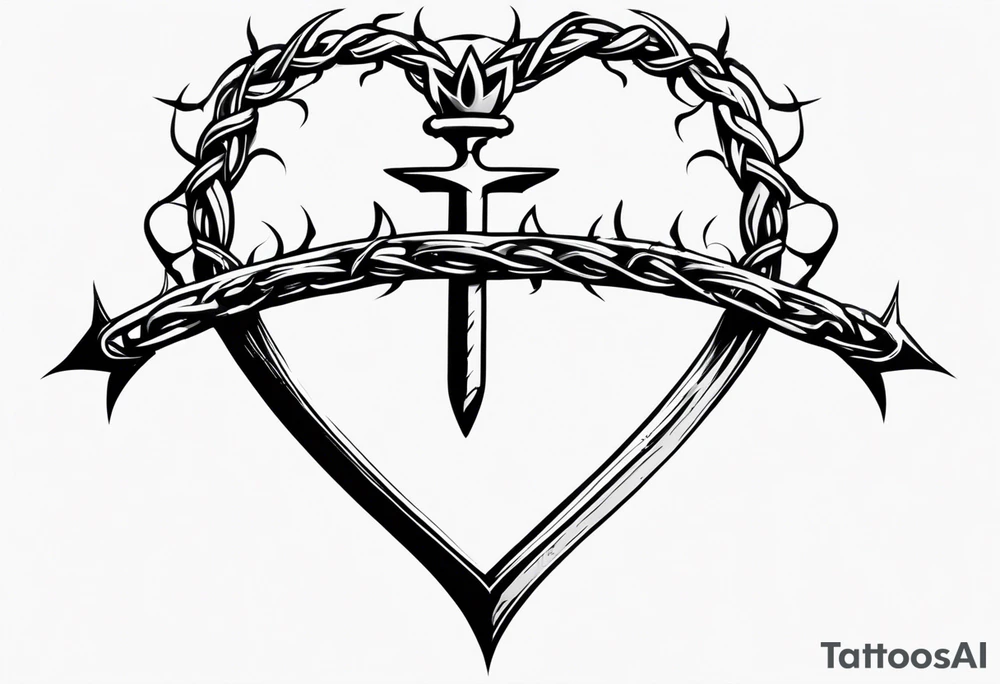 A simple design of a crown of thorns resting on the guard of a sword that is piercing a heart tattoo idea