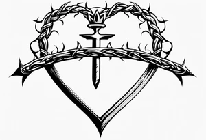 A simple design of a crown of thorns resting on the guard of a sword that is piercing a heart tattoo idea