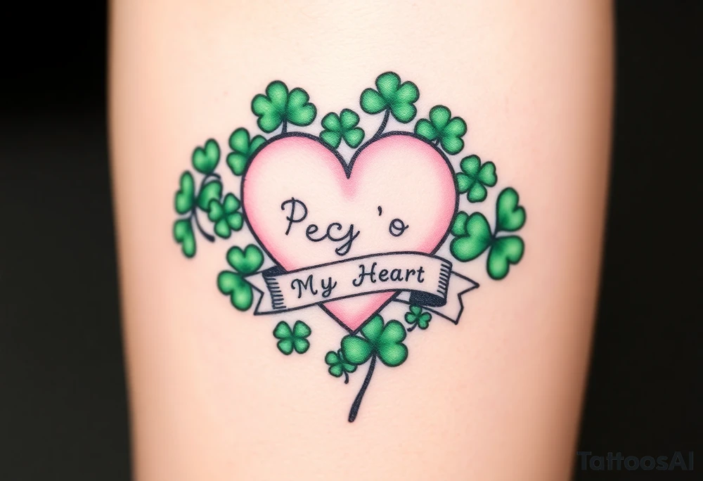 A ton of green shamrocks with a big pale pink heart with a banner across the heart that says Peg 'o My Heart tattoo idea