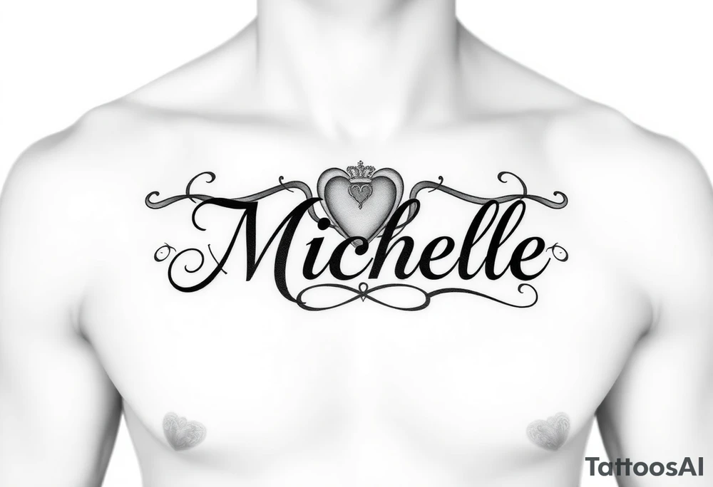Design a tattoo for a man’s chest of a woman’s name (Michelle). There should be a claddagh and a Celtic knot entertwined. The name Michelle should be in elegant calligraphy. Make it elegant and tasteful. tattoo idea