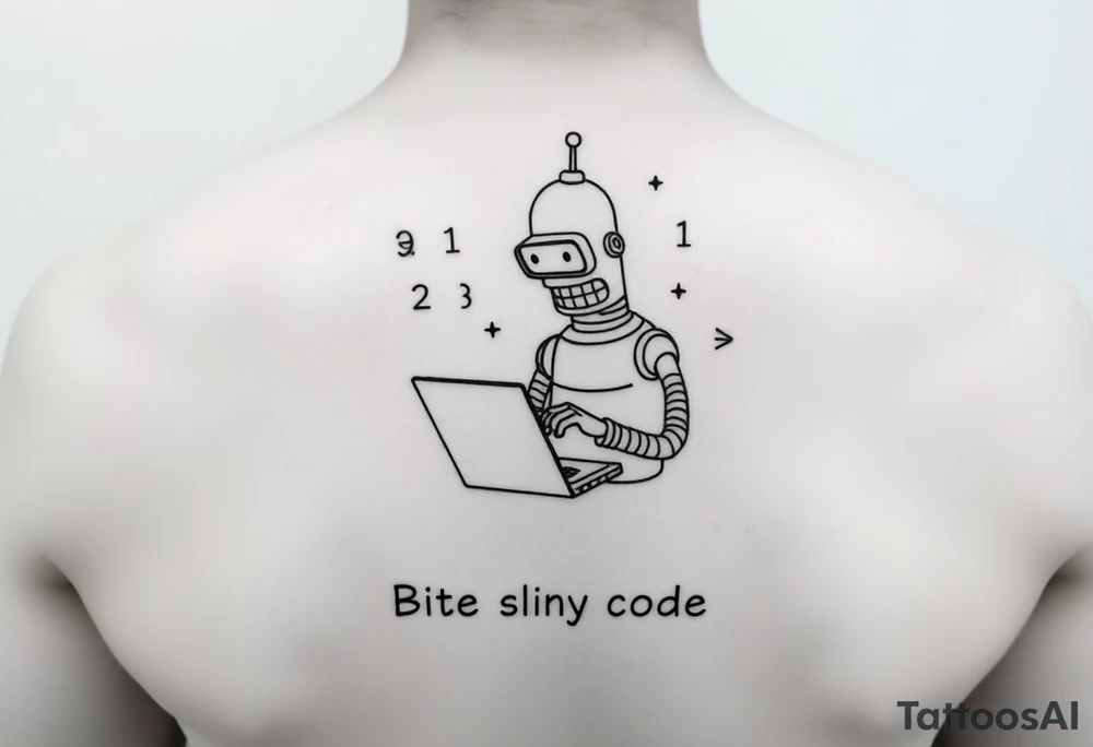 Minimalist black line art tattoo of a robot inspired by Bender from Futurama, typing on a small laptop. Around him, include subtle programming symbols like binary code, angle brackets, or 'while (true) {}'. Add a small humorous caption below: 'Bite my shiny code' in monospaced font. Designed for shoulder placement – clean and compact. tattoo idea