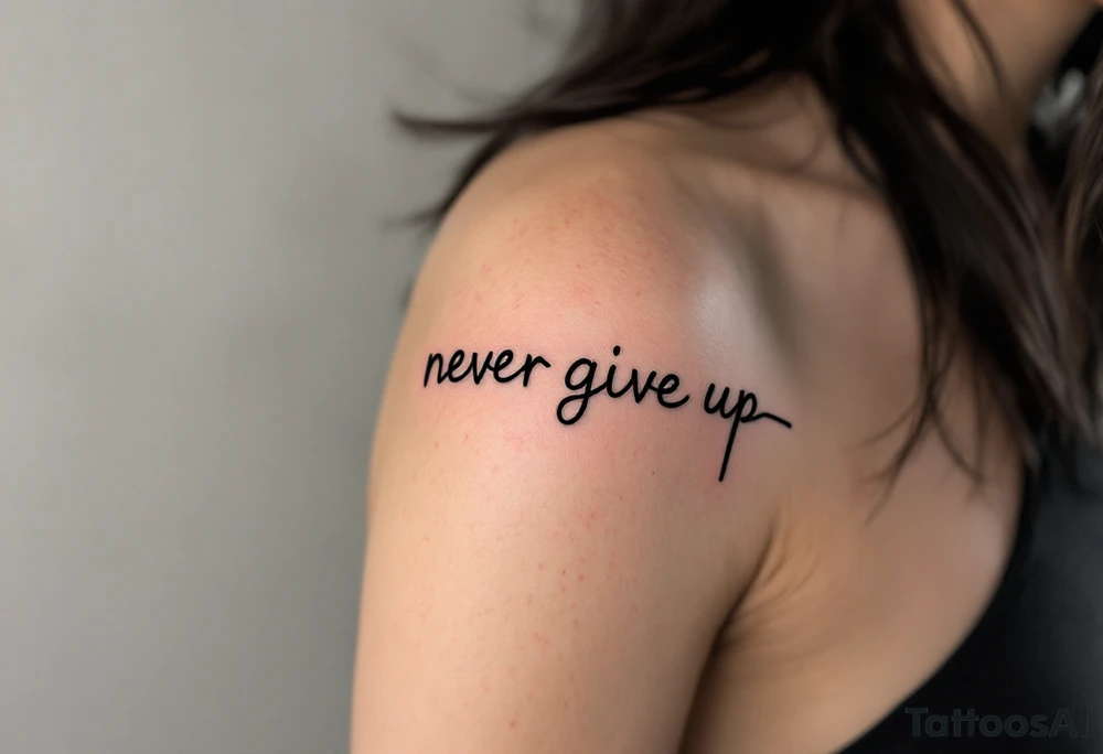 A heartbeat line turning into the words "never give up", in ink-black with a red pulse highlight. tattoo idea