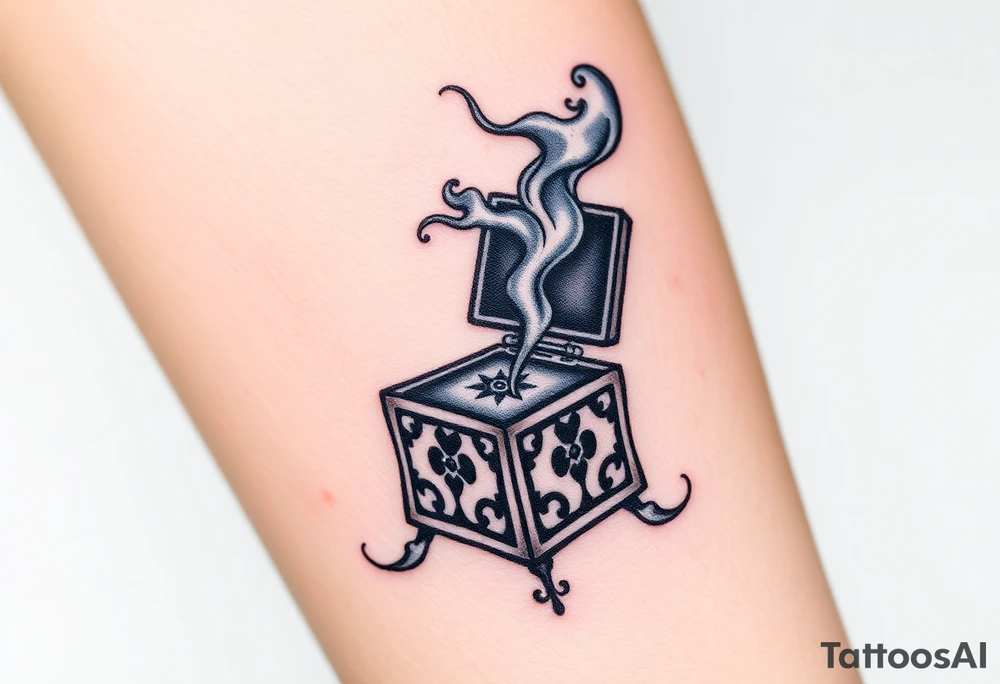 Pandora’s box, Tim Burton style, with smoke coming out of the box tattoo idea