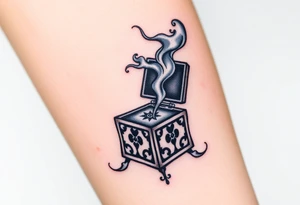 Pandora’s box, Tim Burton style, with smoke coming out of the box tattoo idea