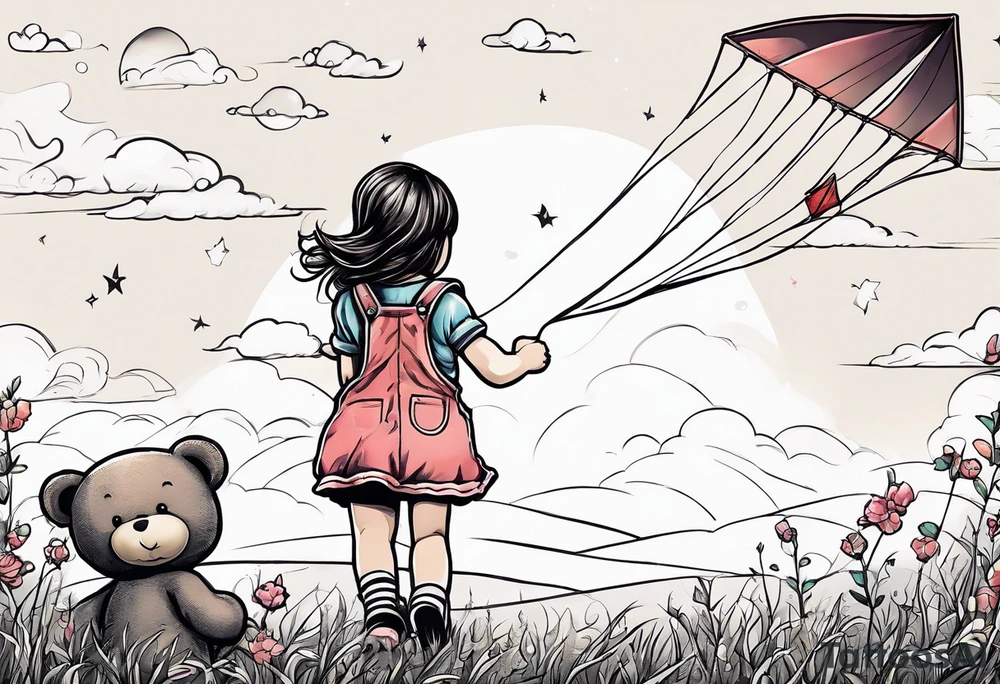 back image of a little girl flying a kite and a teddy bear who is wearing overalls, standing beside her tattoo idea