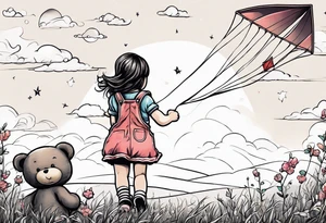 back image of a little girl flying a kite and a teddy bear who is wearing overalls, standing beside her tattoo idea