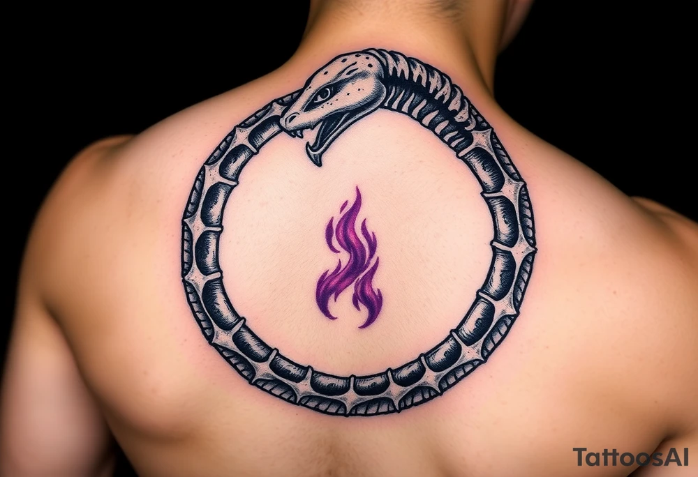 A skeletal Ouroboros snake forming cyrcle with silver bones and purple energy inside, representing death and rebirth. tattoo idea