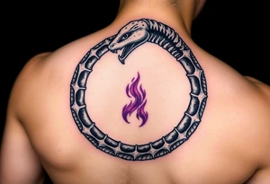 A skeletal Ouroboros snake forming cyrcle with silver bones and purple energy inside, representing death and rebirth. tattoo idea