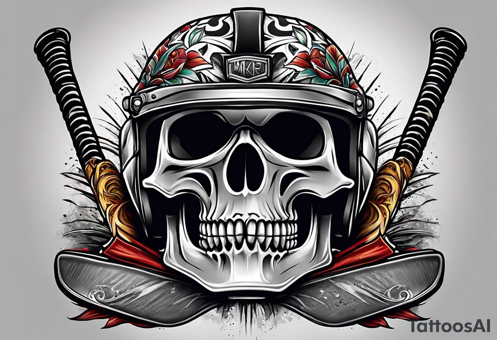 hockey helmet skull with stick and puck tattoo idea