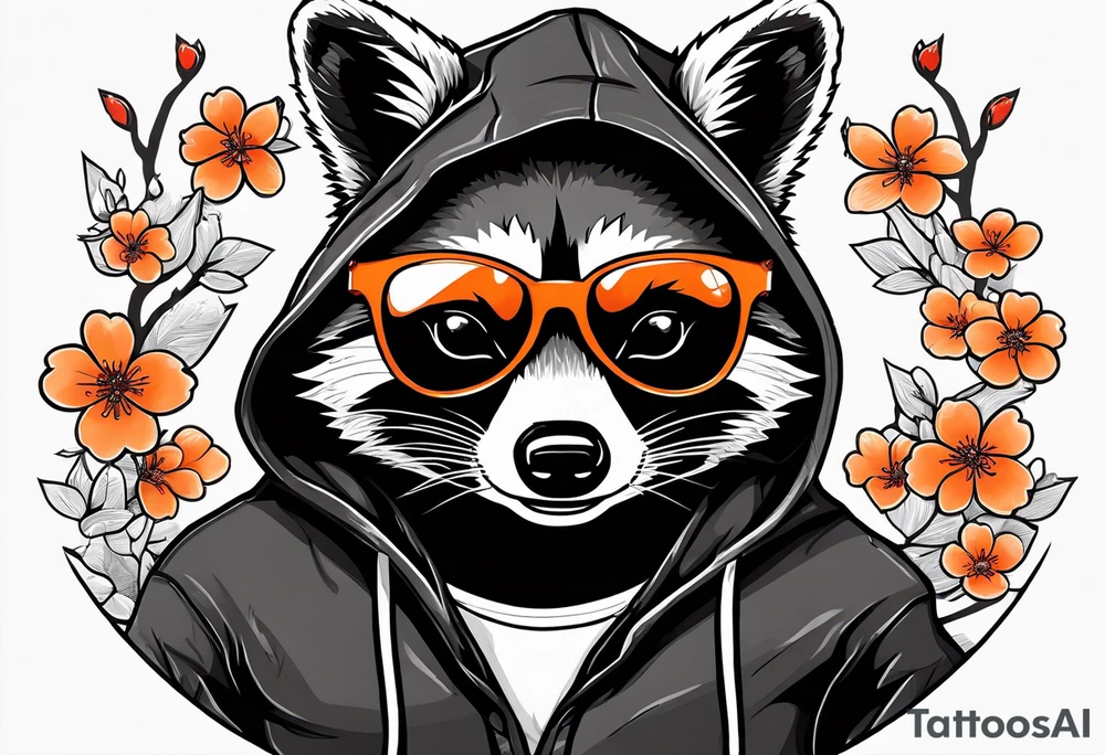 Raccoon wearing a white Superman logo on a black hoodie and orange Japanese cherry blossoms beside tattoo idea