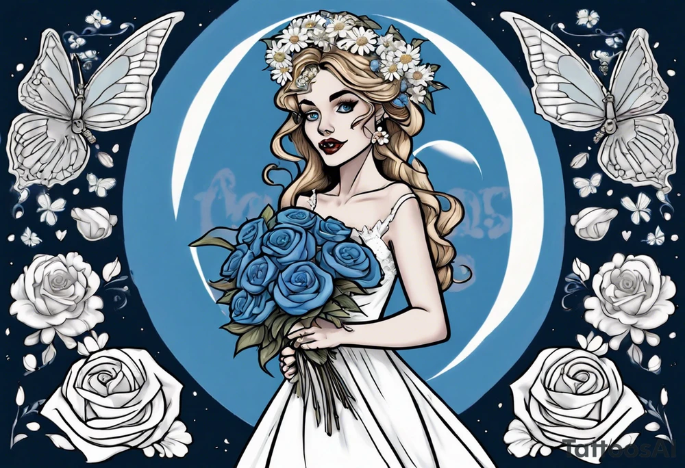 character Emily from the film corps bride. she is wearing a wedding dress. the vail on her head. she is holding a bouquet of blue roses in the middle of the bouquet  there is one white daisy. there is a Blue Morpho butterfly flying above the white daisy. A full moon on the background. tattoo idea