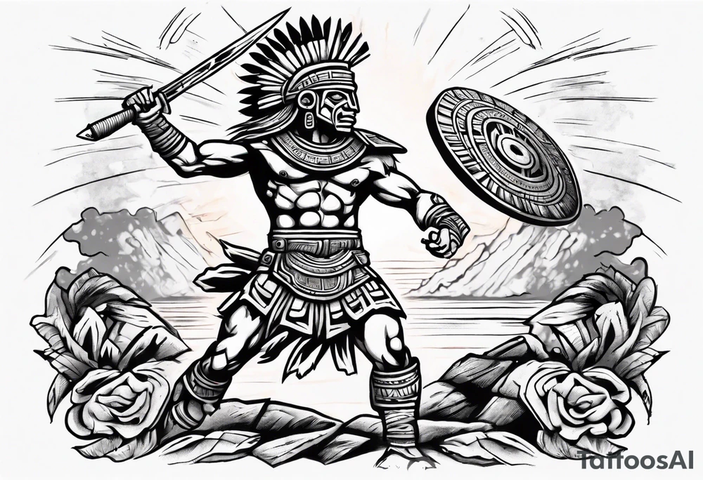aztec warrior fighting against the gods as the sunrise from the ground tattoo idea