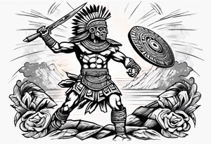 aztec warrior fighting against the gods as the sunrise from the ground tattoo idea