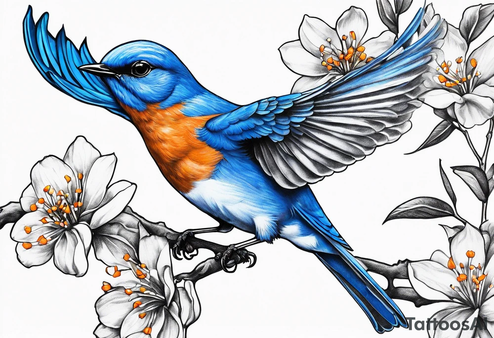 realistic bluebird flying off of branch with orange blossoms tattoo idea