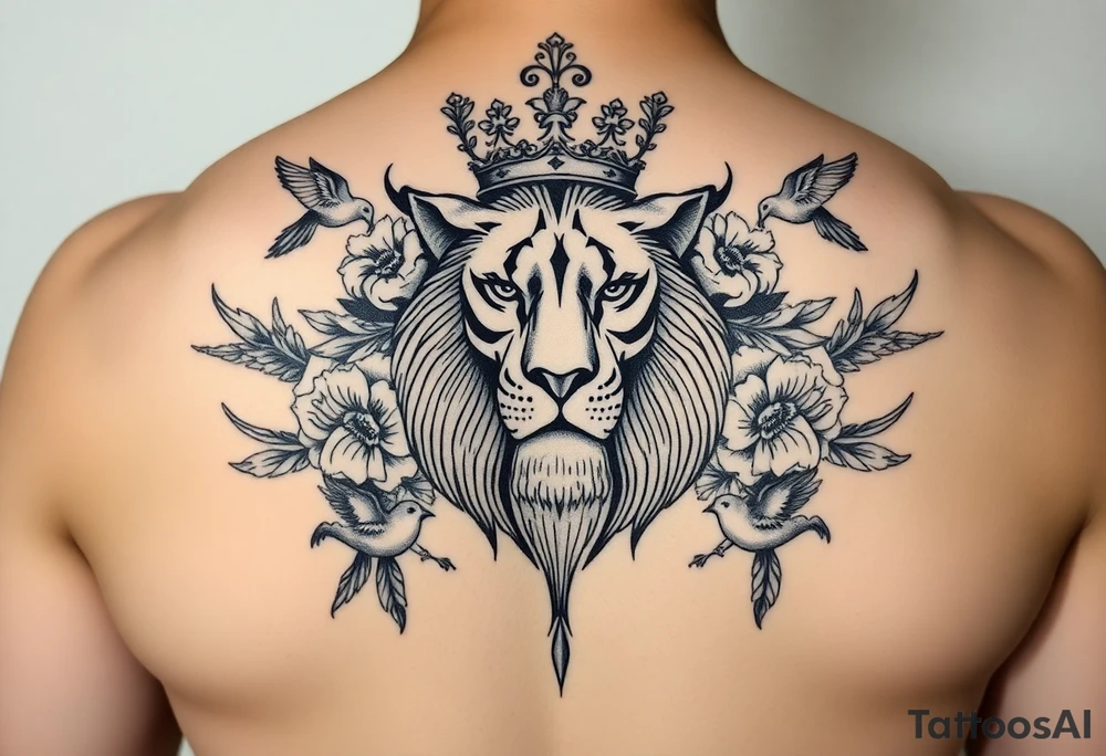 powerful majestic lion with a crown, surrounded by floral ornaments and birds tattoo idea