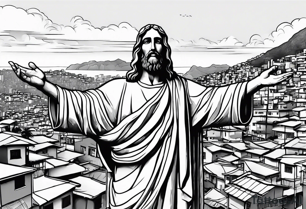 statue of jesus from Rio De Janeiro, below his hands as background there are favelas houses and above his hands as background is sky with slight clouds tattoo idea