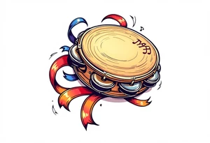 Tambourine and Dance Ribbon – A wooden tambourine in light brown with colorful ribbons (red, blue, yellow) swirling around it, conveying rhythm, joy, and movement. tattoo idea