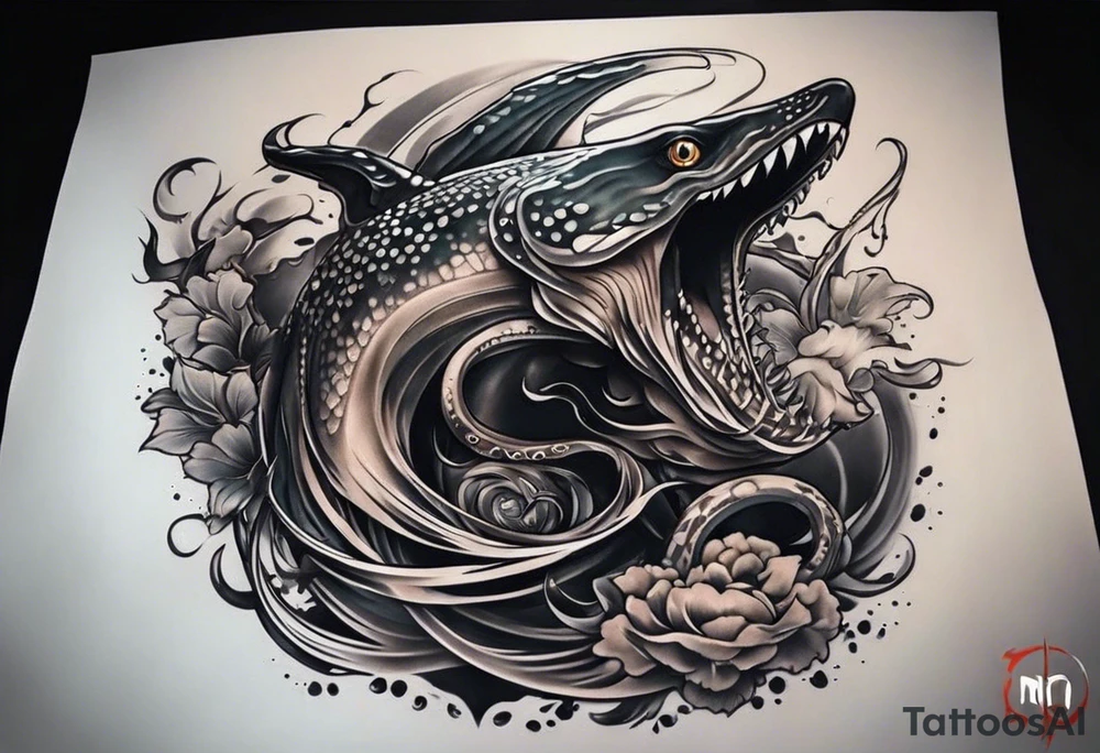 A full sleeve arm tattoo starting with an octopus by the hand going to a great white shark then an angler fish. Forearm will be a Komodo dragon, bull, and wolf. The bicep will be birds with a golden eagle, raven and owl tattoo idea