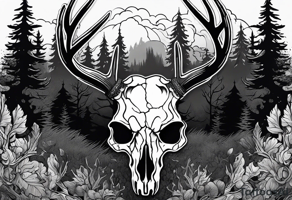 A side view of a frightening horror DECAYING deer skull JUST BONE surrounded by a forest fire in background tattoo idea