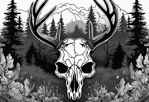 A side view of a frightening horror DECAYING deer skull JUST BONE surrounded by a forest fire in background tattoo idea
