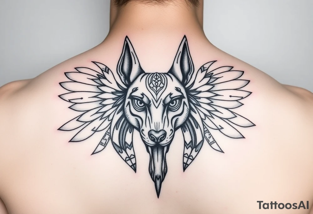 Egyptian Anubis god face muscle in Egypt style dog face surrounded Egyptian symbols tattoo idea