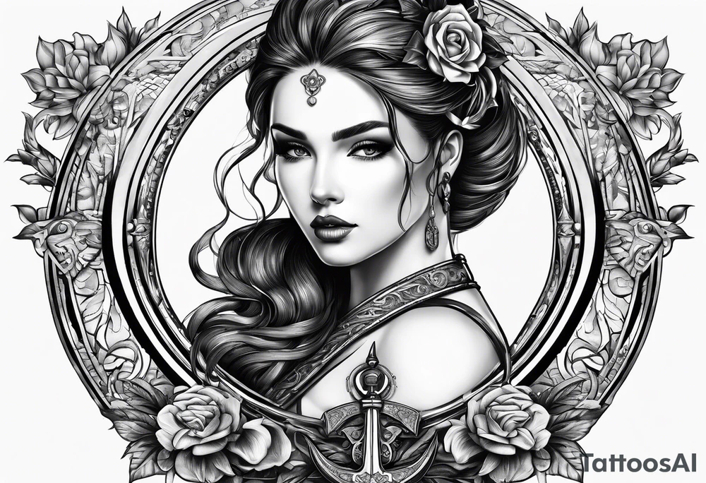 with lady juctice emblem a sword and a scale tattoo idea