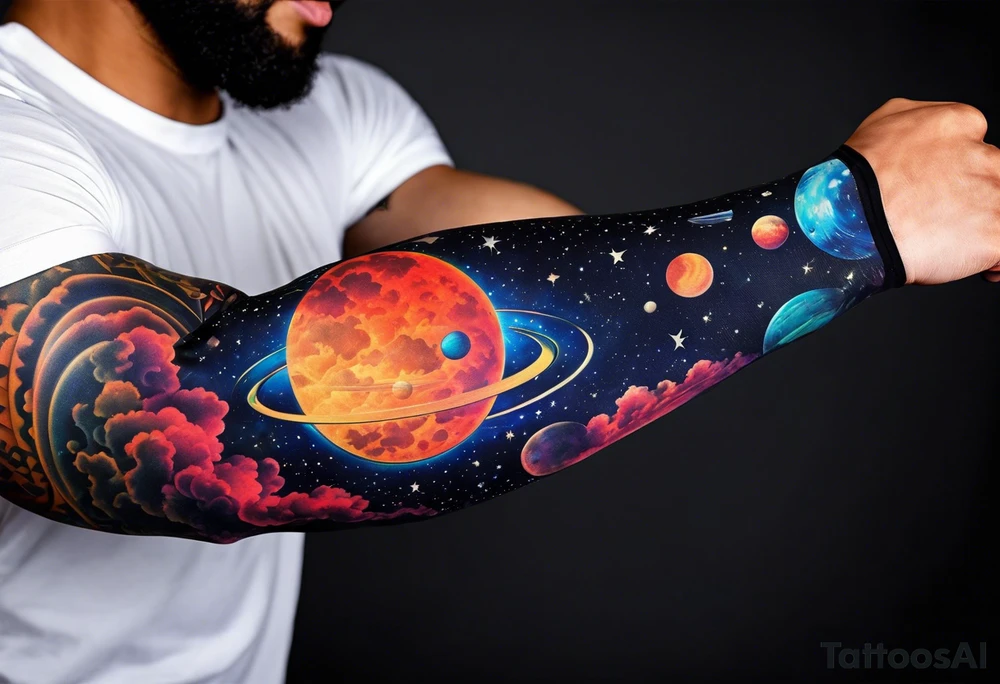 space themed arm sleeve. I want a feeling of being above it all. I like man on the move imagery inspired by kid cudi tattoo idea