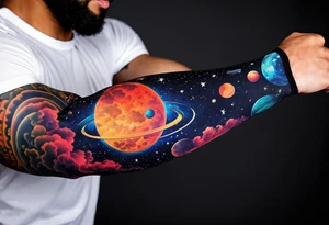space themed arm sleeve. I want a feeling of being above it all. I like man on the move imagery inspired by kid cudi tattoo idea