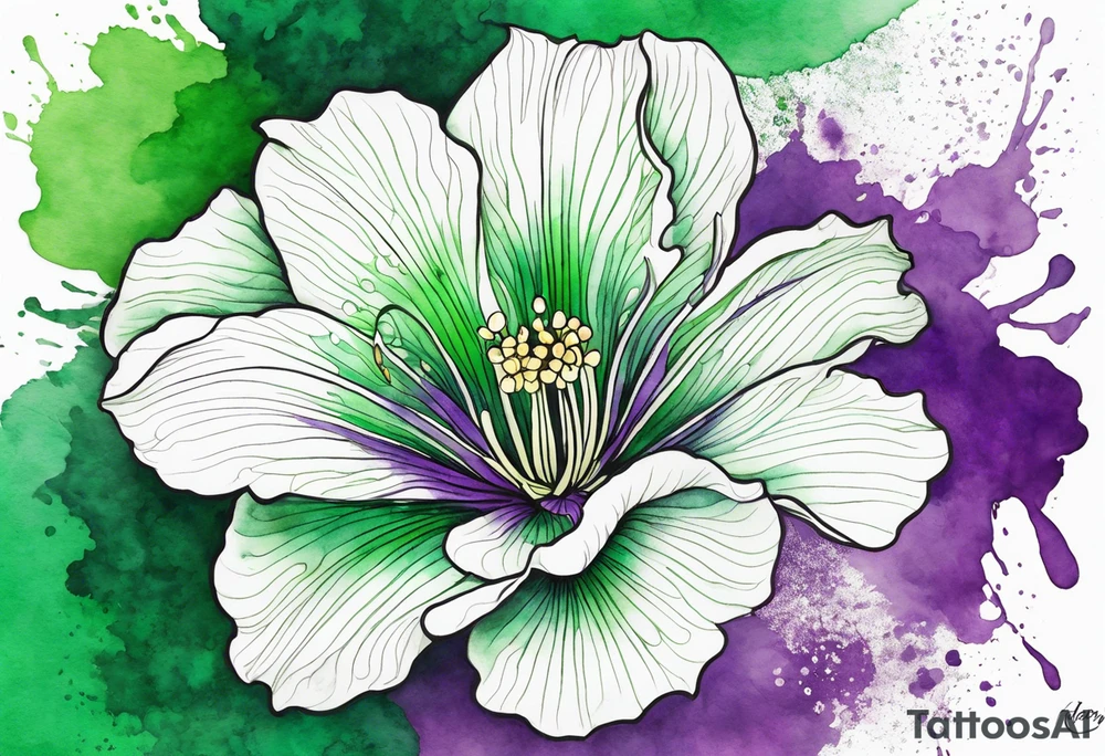 An outline of an only green rio dipladenia flower and a green and purple watercolor splash in the background tattoo idea
