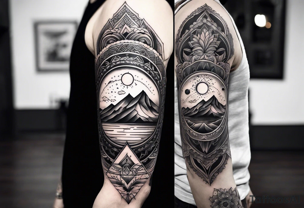 Rectangular arm tattoo around whole upper arm. Mandala inspired Design. Mountains, sea, Sky and moon are depicted. But everything seems to be upside down tattoo idea
