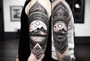 Rectangular arm tattoo around whole upper arm. Mandala inspired Design. Mountains, sea, Sky and moon are depicted. But everything seems to be upside down tattoo idea