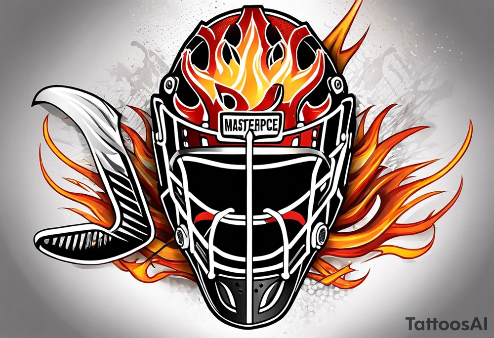 a puck hitting a goalie mask with crossed hockey sticks and flames that says "SHOT HOCKEY" tattoo idea