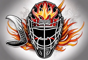 a puck hitting a goalie mask with crossed hockey sticks and flames that says "SHOT HOCKEY" tattoo idea