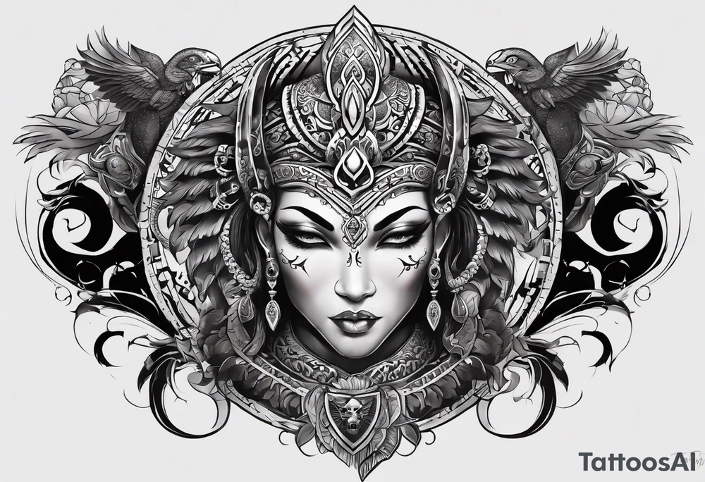 kali ma, alien goddess, valkrye, aries, cosmic pirate, divine feminine, zenza resonance, pachamama, lotus azul, blank panther, eagle, skull, 5D, nueva gaya, dna 12, left side chest tatoo tattoo idea
