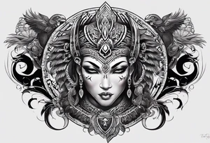 kali ma, alien goddess, valkrye, aries, cosmic pirate, divine feminine, zenza resonance, pachamama, lotus azul, blank panther, eagle, skull, 5D, nueva gaya, dna 12, left side chest tatoo tattoo idea