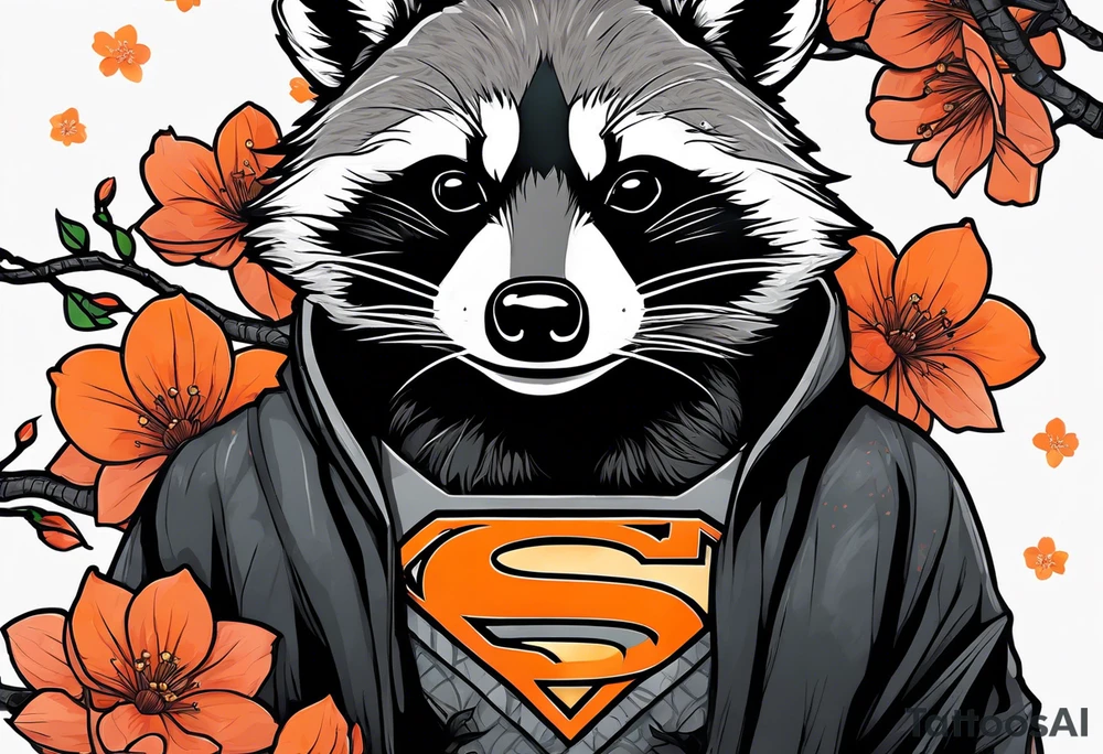 Raccoon wearing a white Superman logo on a black hoodie and orange Japanese cherry blossoms beside tattoo idea