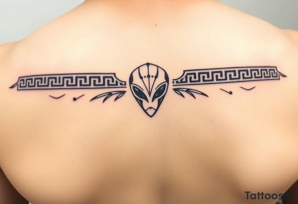 "Ultra-thin horizontal tattoo band (ratio 10:1), black and red line art. Seamless fusion of:  
- Greek meander pattern,  
- Neo-tribal sharp angles,  
- Chinese dragon scales (black) and phoenix feathers (red),  
- Alien head as abstract geometric symbol (3 lines + 2 dots, resembling ancient petroglyph).  

Hidden details: Bagua trigrams in corners. Alien symbol integrated into meander like a subtle glyph — no facial features, only minimal shapes.  

Style: sacred geometry, dotwork tattoos, ancient Greek pottery motifs. All elements balanced — nothing dominant. NO realism, NO aggression, pure symbolism." tattoo idea