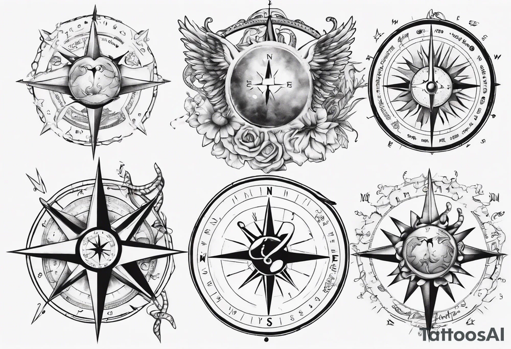 Compass tatoo with sun, Gemini , angels and snake tattoo idea