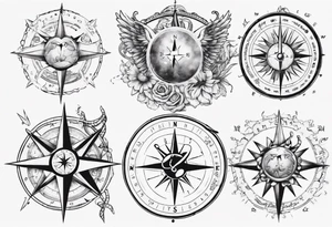Compass tatoo with sun, Gemini , angels and snake tattoo idea