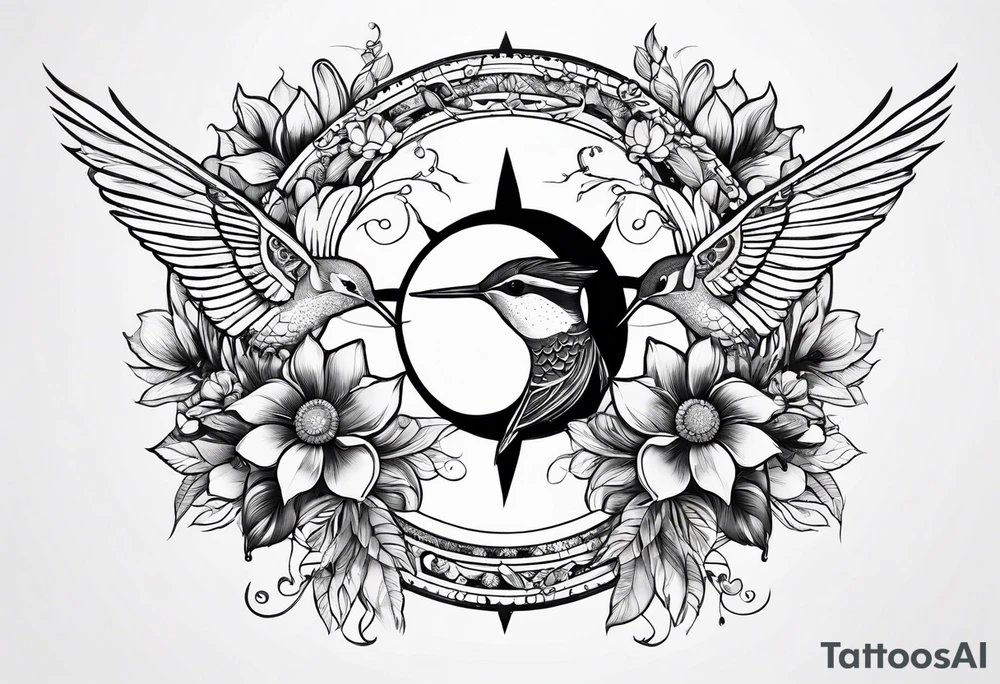 Floral sun and moon with hummingbird tattoo idea