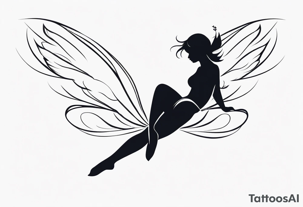 Minimalistic, monochromatic fairy with a tail flying to the left in a fetal position, leaning and looking in the same direction, with visible hands, embodying the 'Fairy Tail' logo aesthetic. tattoo idea