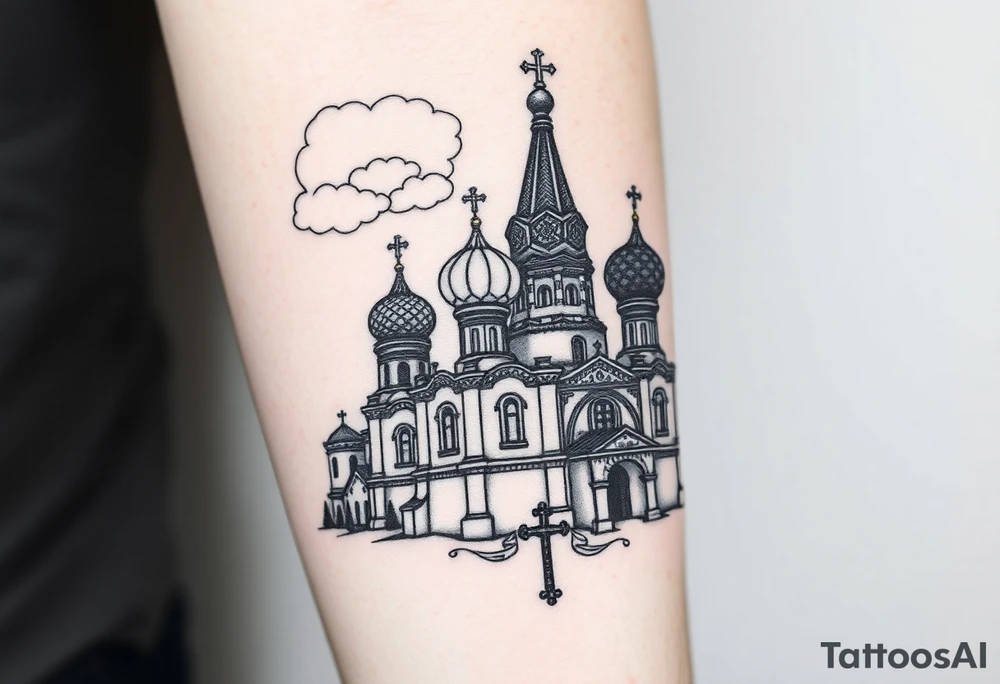 highly detailed Russian Orthodox cathedral with onion domes and orthodox crosses, done in fine line, engraving-like style. Cohesive composition, black ink only, no color, high contrast, slightly aged, documentary-style, plain light background. with clouds above it and a virgin mary over looking tattoo idea
