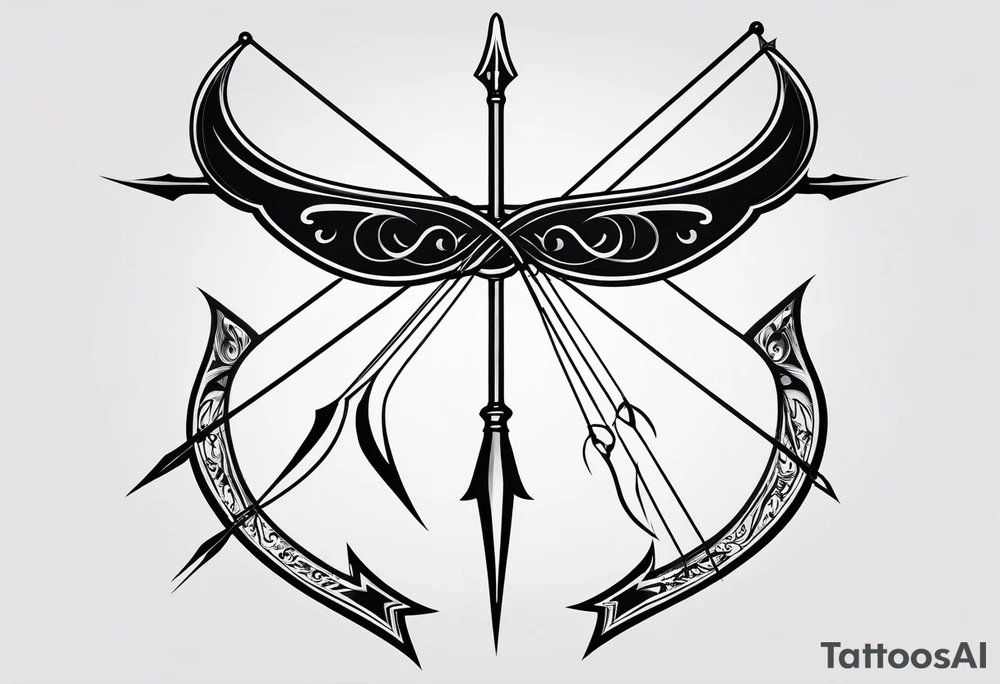 A loaded bow with 2 arrows. minimalist and clean, even abstract. tattoo idea