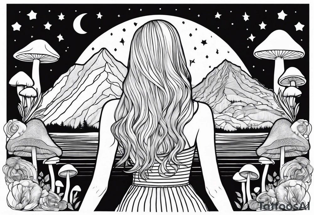 Straight blonde hair girl facing away toward mountains surrounded by mushrooms crescent moon mandala circular design black and white striped dress "8" in hair tattoo idea
