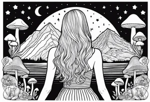 Straight blonde hair girl facing away toward mountains surrounded by mushrooms crescent moon mandala circular design black and white striped dress "8" in hair tattoo idea