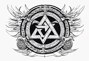 Valhalla  round shield axe
Valknut barbed wire chains tattoo idea