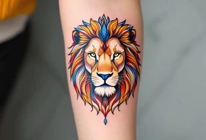 A highly detailed line-art Czech lion, with intricate patterns in its mane and subtle golden, blue, red shading for a regal look. tattoo idea